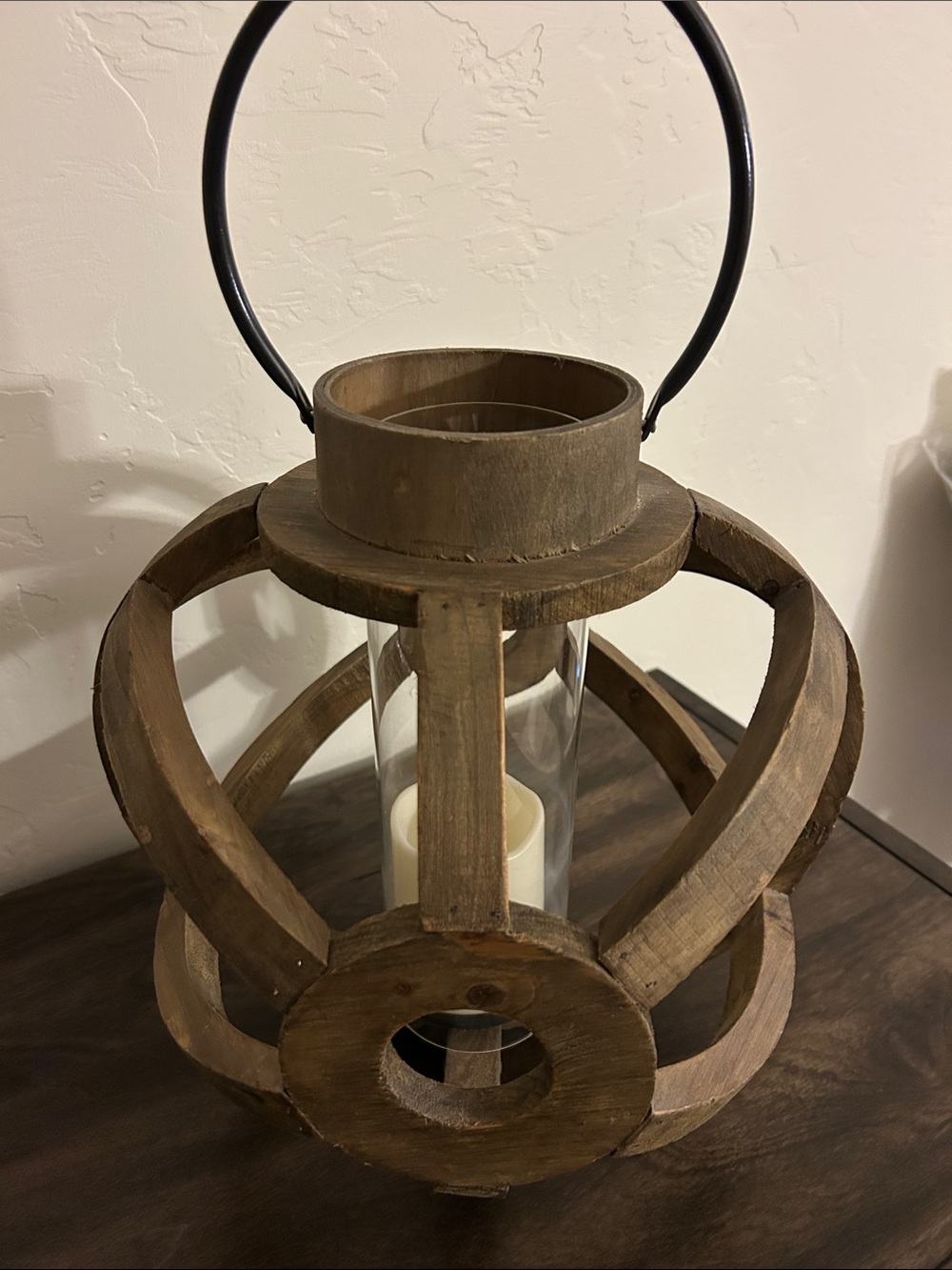 Wooden Orb Lantern with Glass Cylinder and Metal Handle - Brownish Gray